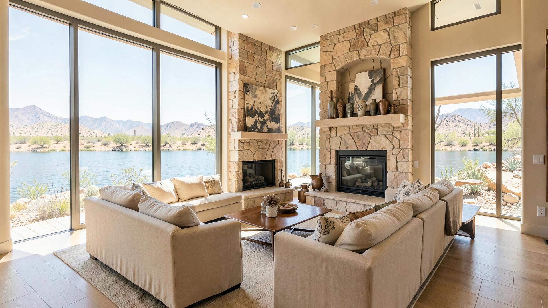 Luxury lakefront living room interior design in Lake Havasu City, Arizona