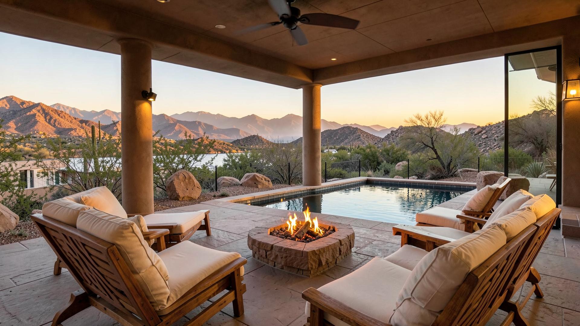 Lake-view covered patio with fire pit and pool in Lake Havasu City, Arizona
